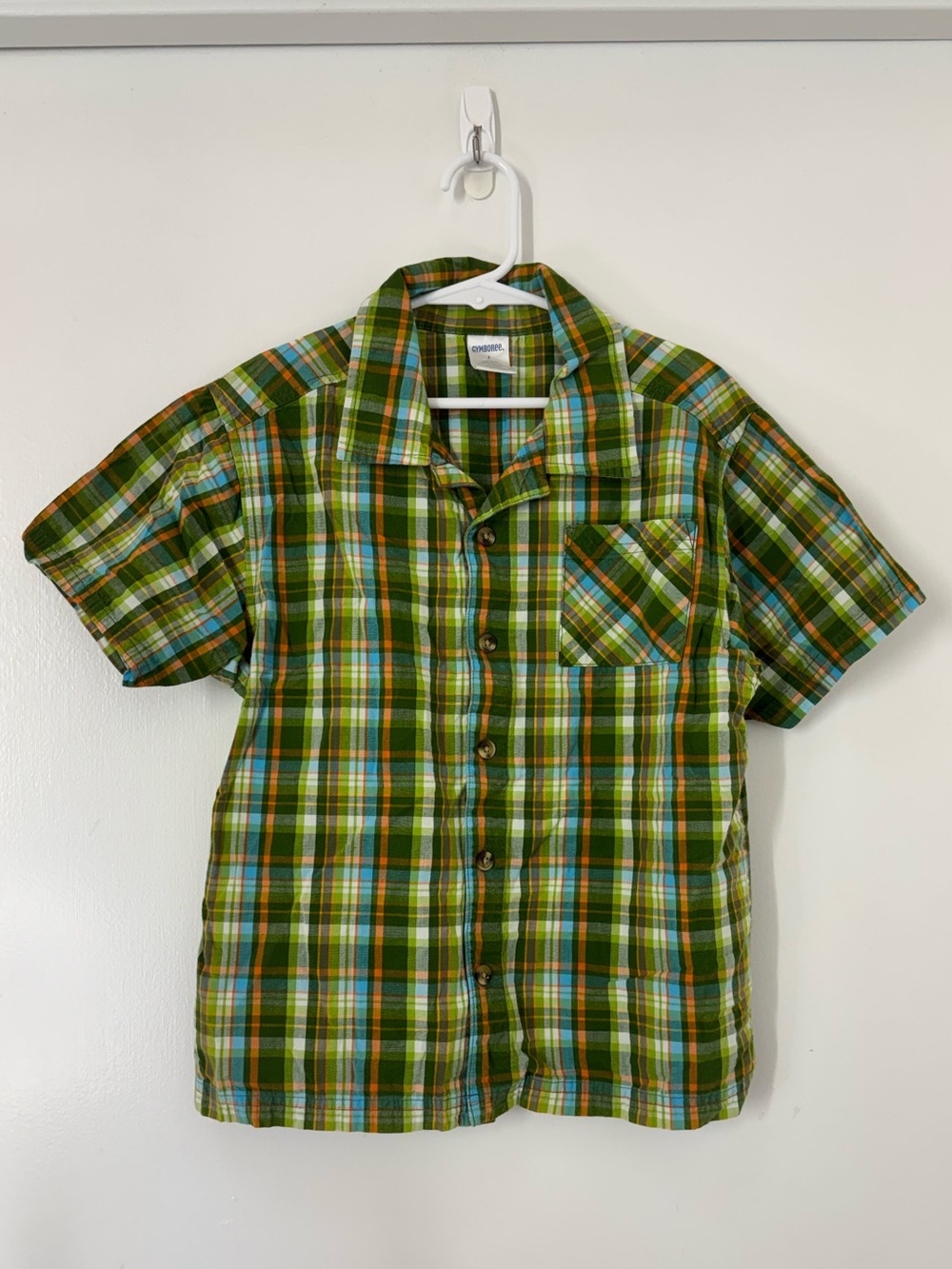 Vintage Gymboree 2005 Green Blue Plaid Short Sleeve Button Up Shirt Boy Size 7